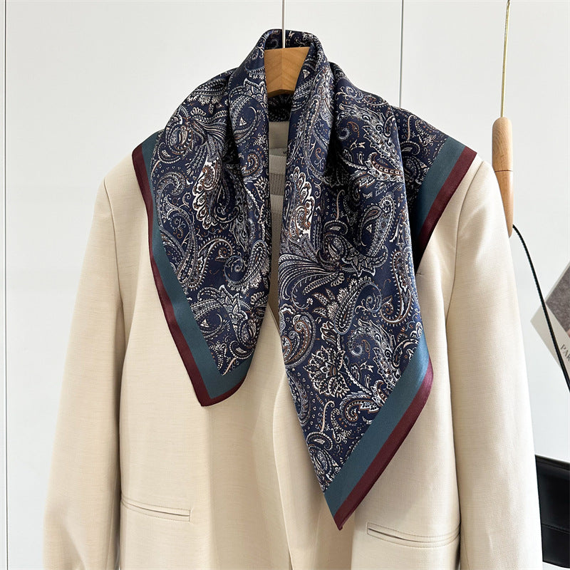 65cm Mulberry Silk Classic Paisley Scarf – Navy Blue Double Crepe Square Shawl for Spring &amp; Summer