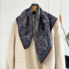 65cm Mulberry Silk Classic Paisley Scarf – Navy Blue Double Crepe Square Shawl for Spring & Summer