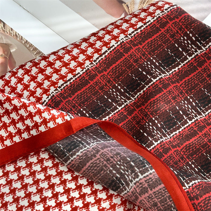 65cm Mulberry Silk Scarf – Plaid, Houndstooth &amp; Rose Print Double Crepe Square Shawl for Spring &amp; Summer
