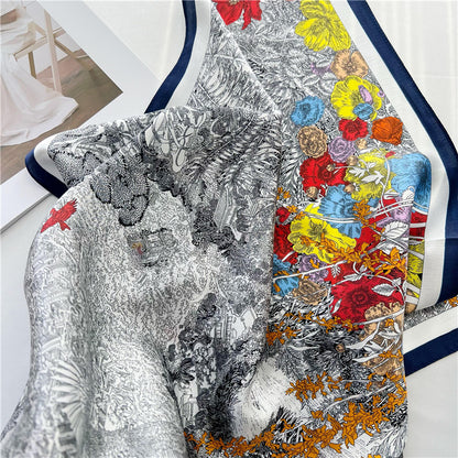 65cm Mulberry Silk Whimsical Garden Scarf Double Crepe Spring Summer Square Shawl