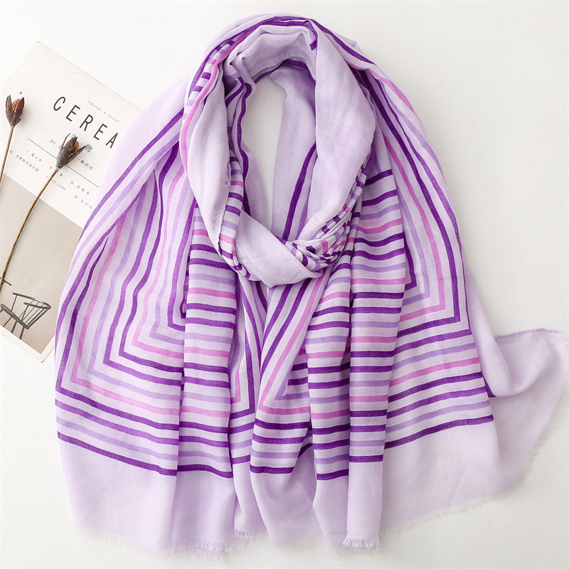Spring and summer thin cotton and linen feel scarf colored striped rough edge  scarf warm shawl women