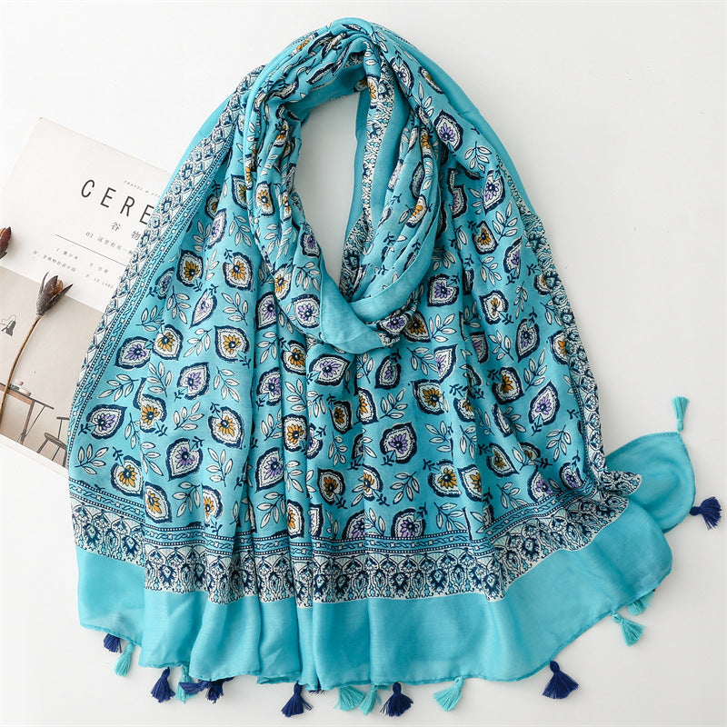Spring and summer new cotton and linen feel scarf celebrity style shell flower fringed  scarf warm shawl