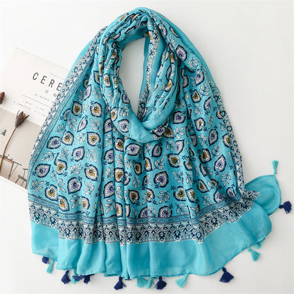 Spring and summer new cotton and linen feel scarf celebrity style shell flower fringed  scarf warm shawl