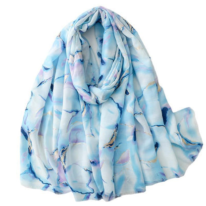 Autumn and winter cotton and linen feel scarf bronzing water flower ink painting rough edge  scarf warm shawl