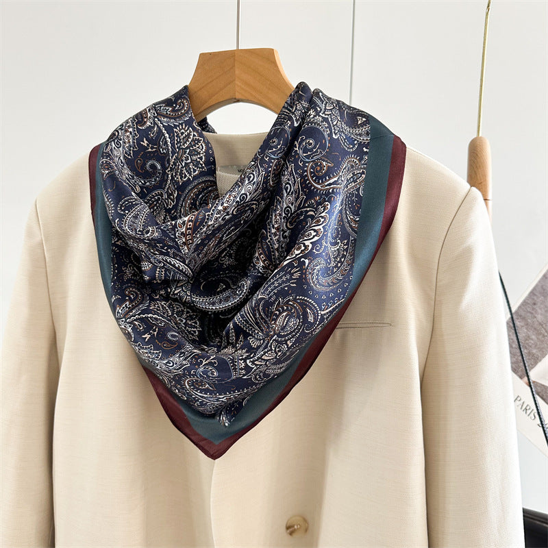 65cm Mulberry Silk Classic Paisley Scarf – Navy Blue Double Crepe Square Shawl for Spring &amp; Summer