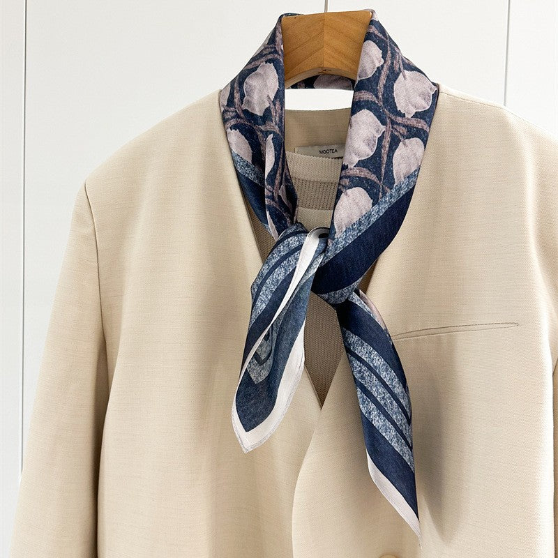 65cm Blue Lily of the Valley Mulberry Silk Scarf – Elegant Square Silk Shawl for Women, Fresh &amp; Versatile Accessory