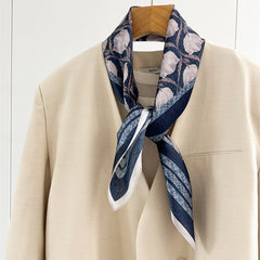 65cm Blue Lily of the Valley Mulberry Silk Scarf – Elegant Square Silk Shawl for Women, Fresh & Versatile Accessory