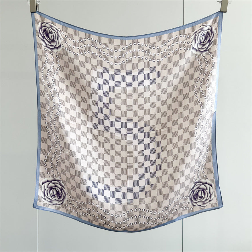 65cm Mulberry Silk Scarf – Digital 5 Grid Pattern Square Silk Shawl for Women, Elegant &amp; Versatile Accessory