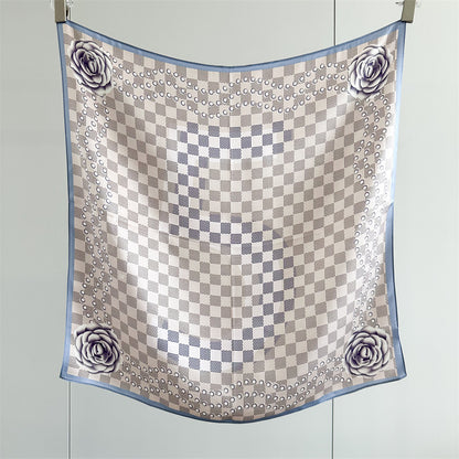 65cm Mulberry Silk Scarf – Digital 5 Grid Pattern Square Silk Shawl for Women, Elegant &amp; Versatile Accessory