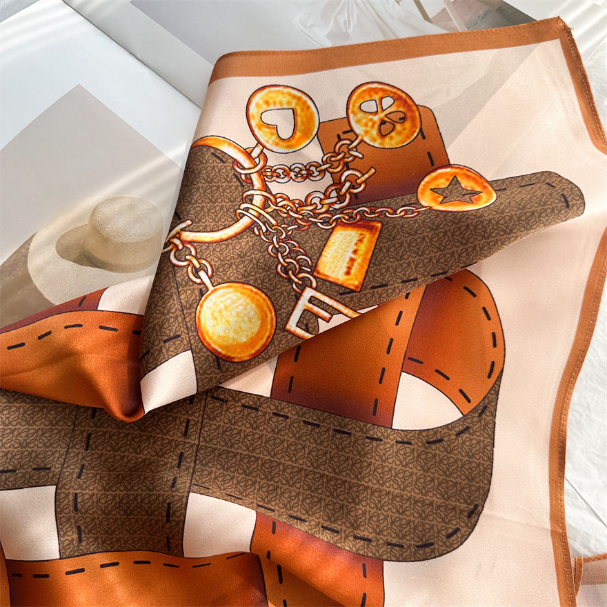 65cm Belt Pattern Mulberry Silk Scarf – Square Silk Shawl for Women, Elegant &amp; Versatile Accessory