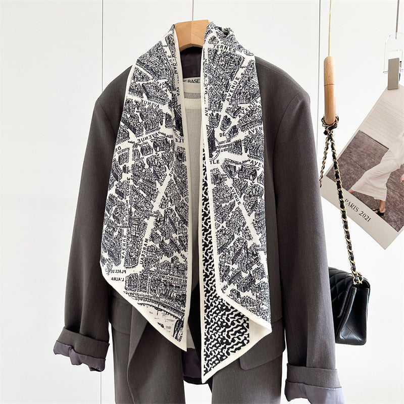 City Map Print Scarf – Luxury Mulberry Silk &amp; Wool Long Ribbon Wrap