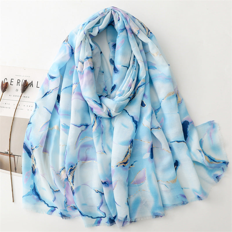 Autumn and winter cotton and linen feel scarf bronzing water flower ink painting rough edge  scarf warm shawl