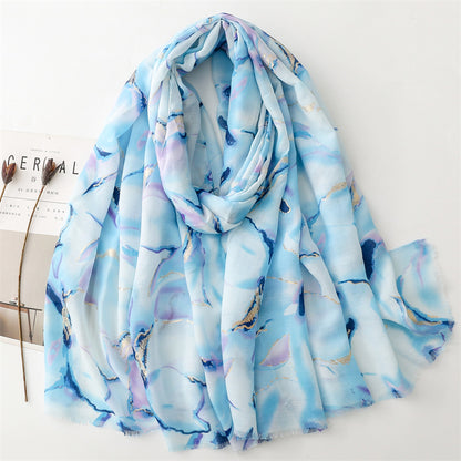 Autumn and winter cotton and linen feel scarf bronzing water flower ink painting rough edge  scarf warm shawl