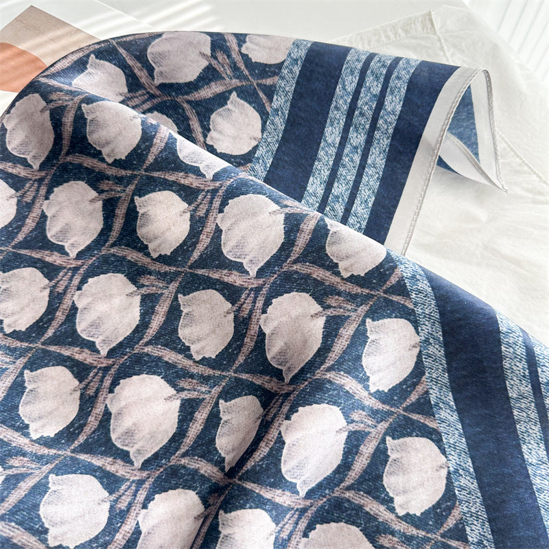 65cm Blue Lily of the Valley Mulberry Silk Scarf – Elegant Square Silk Shawl for Women, Fresh &amp; Versatile Accessory