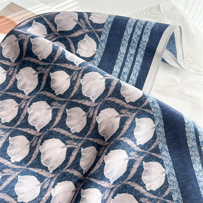 65cm Blue Lily of the Valley Mulberry Silk Scarf – Elegant Square Silk Shawl for Women, Fresh &amp; Versatile Accessory