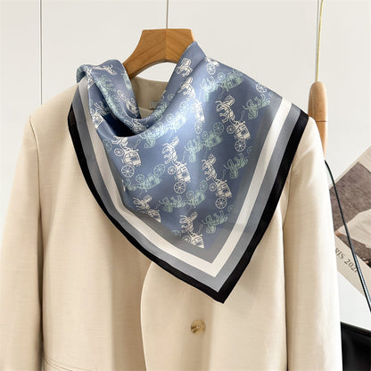 Denim Blue Carriage Print Mulberry Silk Scarf – 65cm Square Double Crepe Shawl