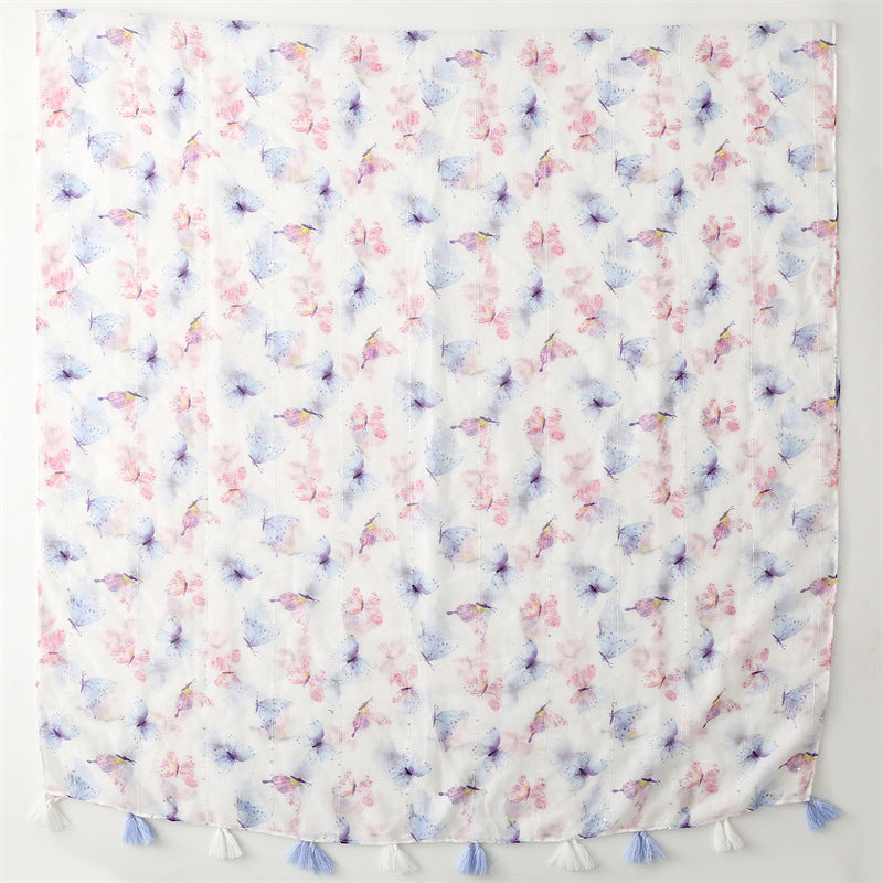 Summer and autumn new butterfly sequin printed cotton and linen  scarf air conditioner sunscreen shawl scarf women