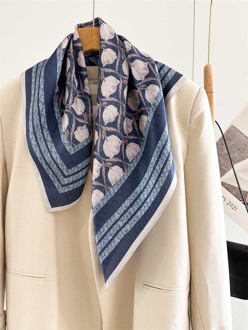 65cm Blue Lily of the Valley Mulberry Silk Scarf – Elegant Square Silk Shawl for Women, Fresh &amp; Versatile Accessory