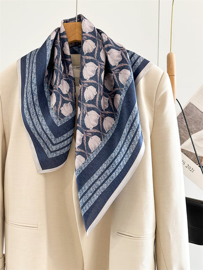 65cm Blue Lily of the Valley Mulberry Silk Scarf – Elegant Square Silk Shawl for Women, Fresh &amp; Versatile Accessory