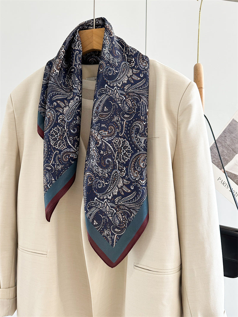 65cm Mulberry Silk Classic Paisley Scarf – Navy Blue Double Crepe Square Shawl for Spring &amp; Summer