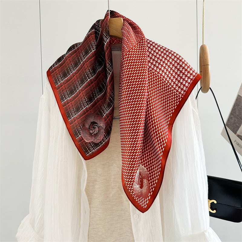 65cm Mulberry Silk Scarf – Plaid, Houndstooth &amp; Rose Print Double Crepe Square Shawl for Spring &amp; Summer