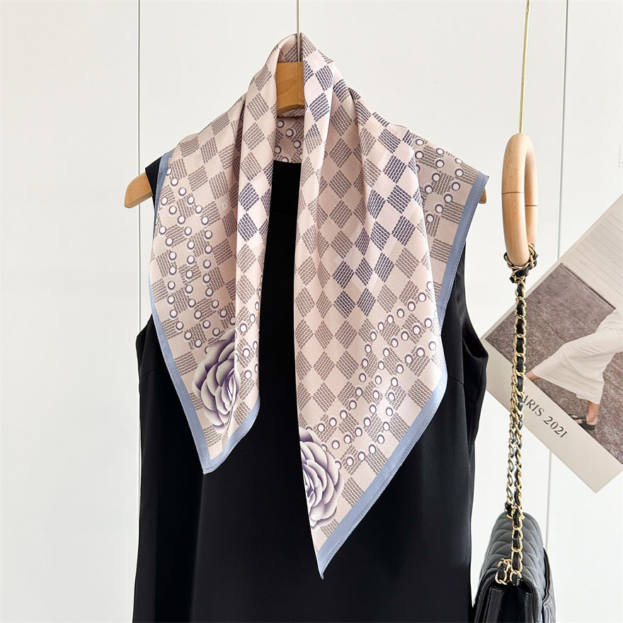 65cm Mulberry Silk Scarf – Digital 5 Grid Pattern Square Silk Shawl for Women, Elegant &amp; Versatile Accessory