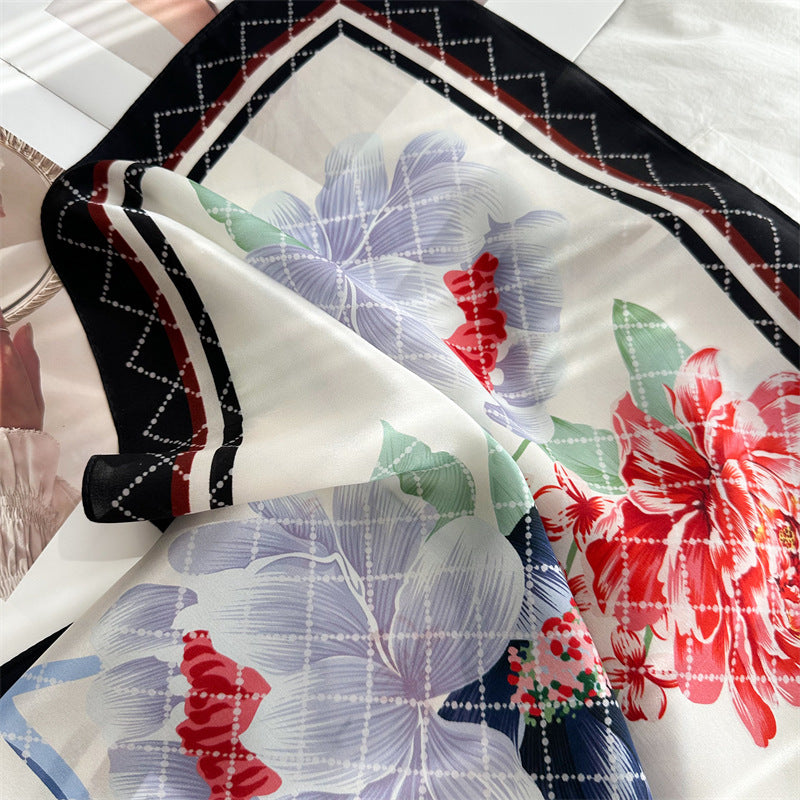 65cm Mulberry Silk Floral Peony Scarf – Double Crepe Square Shawl for Spring &amp; Summer