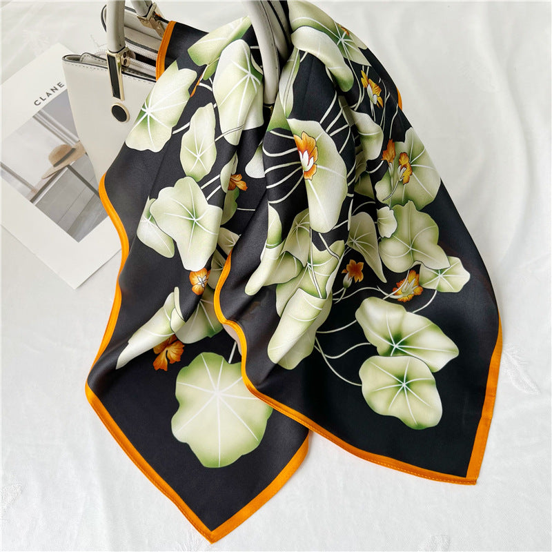 65cm Lotus Leaf Mulberry Silk Scarf – Women’s Autumn Style, Versatile Chinese Square Silk Scarf