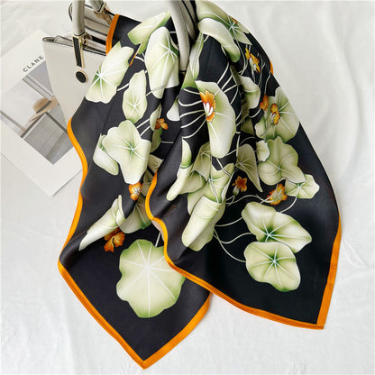 65cm Lotus Leaf Mulberry Silk Scarf – Women’s Autumn Style, Versatile Chinese Square Silk Scarf