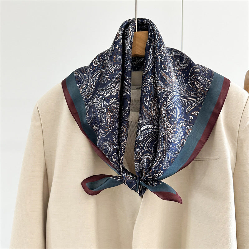 65cm Mulberry Silk Classic Paisley Scarf – Navy Blue Double Crepe Square Shawl for Spring &amp; Summer