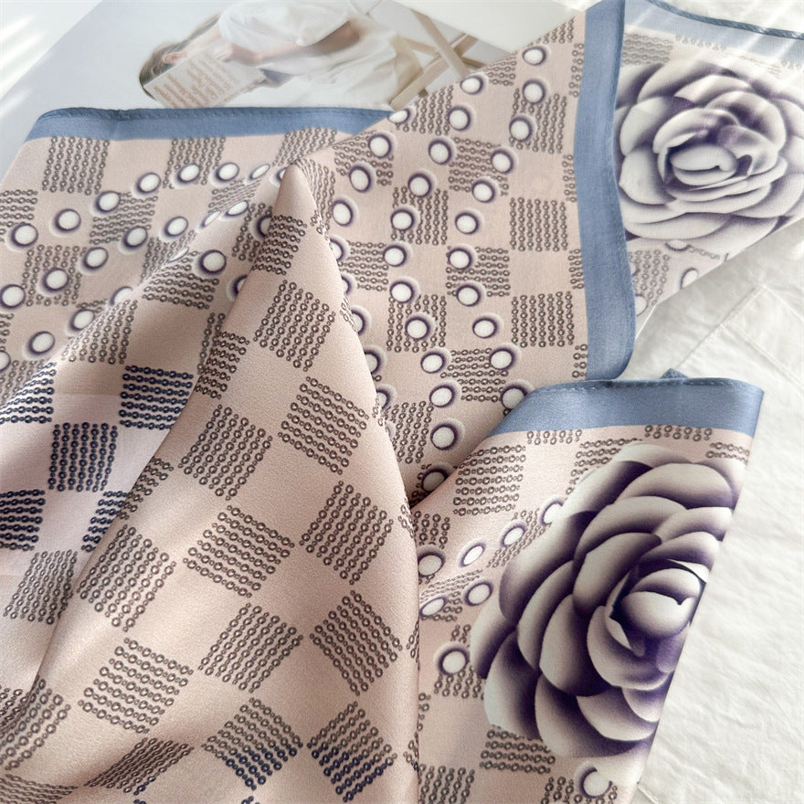 65cm Mulberry Silk Scarf – Digital 5 Grid Pattern Square Silk Shawl for Women, Elegant &amp; Versatile Accessory