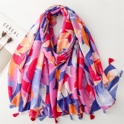 scarf cotton and linen feel Bali yarn thin with silver  scarf colored leaves fashion lady style shawl women