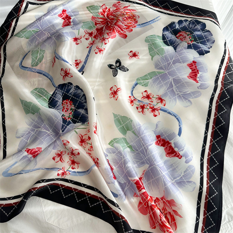 65cm Mulberry Silk Floral Peony Scarf – Double Crepe Square Shawl for Spring &amp; Summer