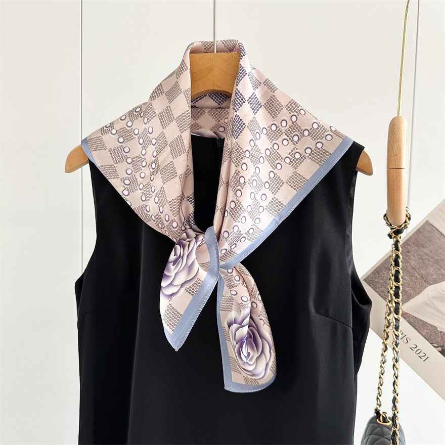 65cm Mulberry Silk Scarf – Digital 5 Grid Pattern Square Silk Shawl for Women, Elegant &amp; Versatile Accessory