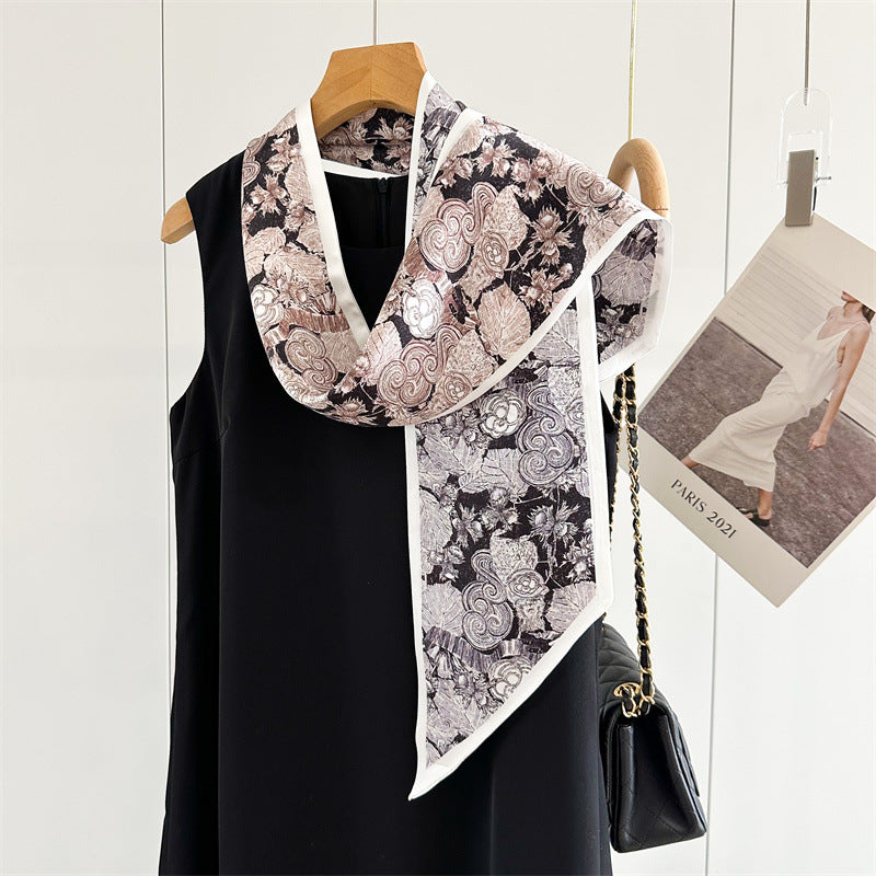 Camellia Double-Sided Mulberry Silk Scarf | Artistic Long Ribbon for Spring &amp; Summer