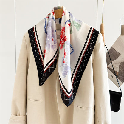 65cm Mulberry Silk Floral Peony Scarf – Double Crepe Square Shawl for Spring &amp; Summer