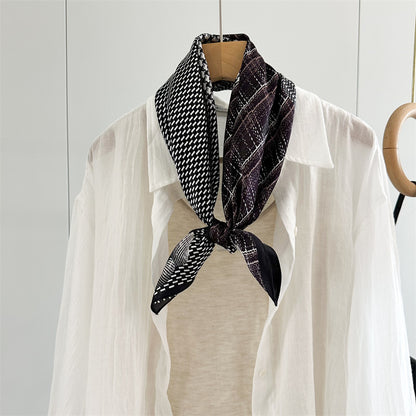 65cm Mulberry Silk Scarf – Plaid, Houndstooth &amp; Rose Print Double Crepe Square Shawl for Spring &amp; Summer