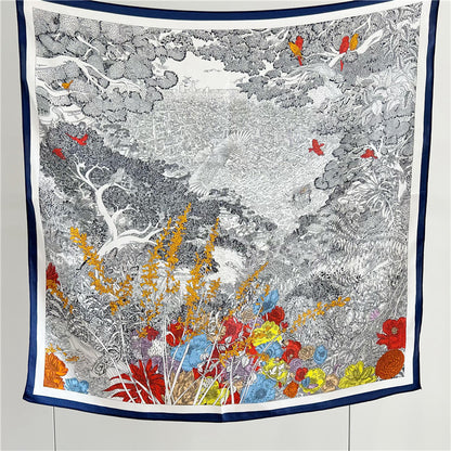 65cm Mulberry Silk Whimsical Garden Scarf Double Crepe Spring Summer Square Shawl