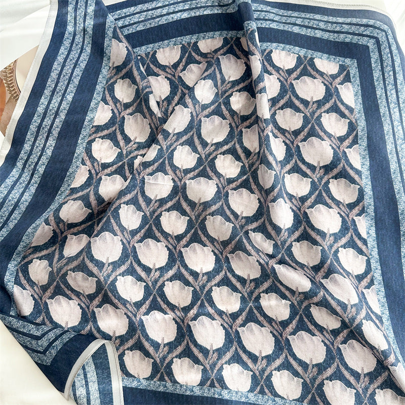 65cm Blue Lily of the Valley Mulberry Silk Scarf – Elegant Square Silk Shawl for Women, Fresh &amp; Versatile Accessory