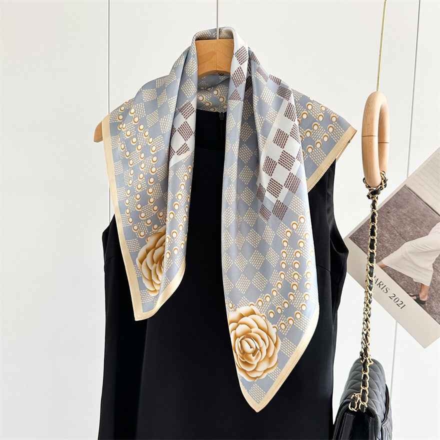 65cm Mulberry Silk Scarf – Digital 5 Grid Pattern Square Silk Shawl for Women, Elegant &amp; Versatile Accessory