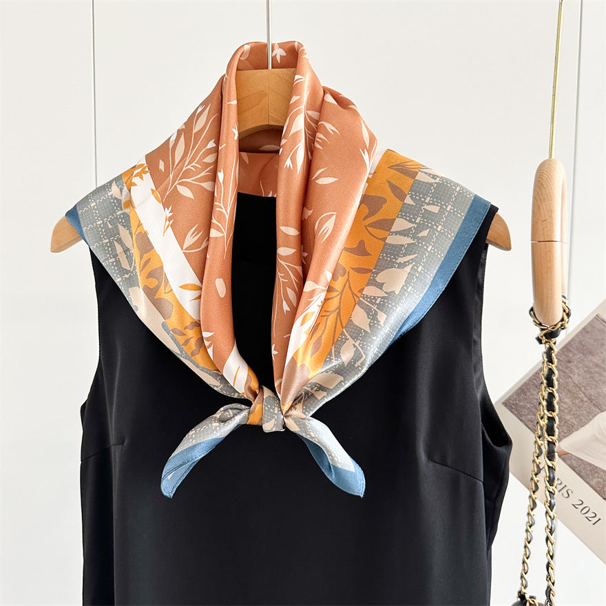 65cm Fresh Floral Mulberry Silk Scarf – Elegant Square Silk Shawl for Women, Lightweight &amp; Versatile Accessory