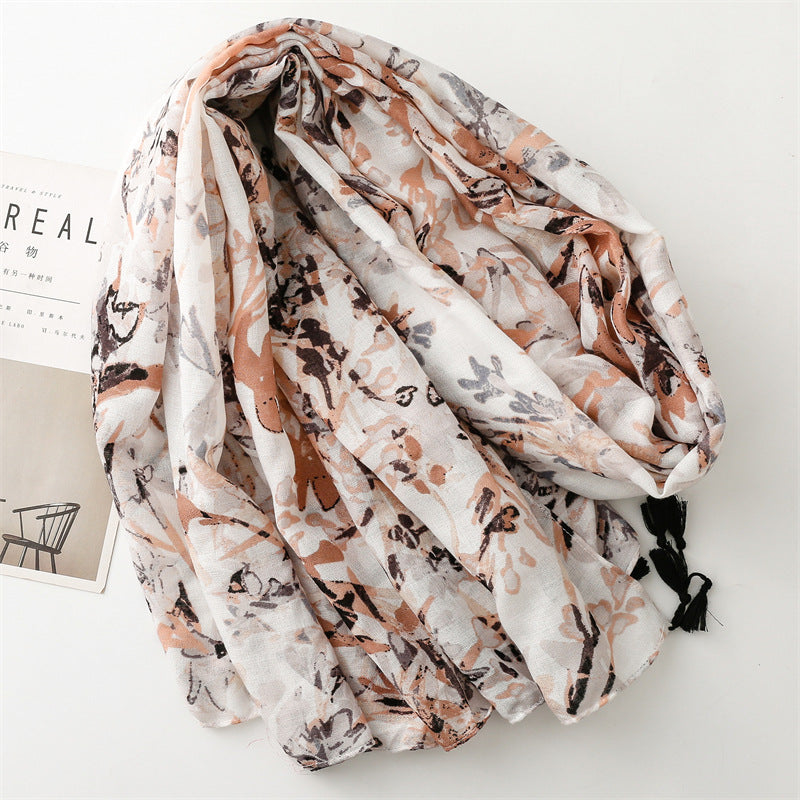 scarf graffiti hand-painted retro scarf soft feel  scarf cotton and linen feel fringed travel shawl