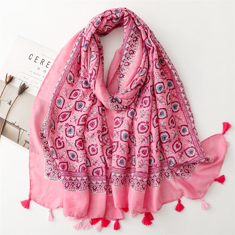 Spring and summer new cotton and linen feel scarf celebrity style shell flower fringed  scarf warm shawl