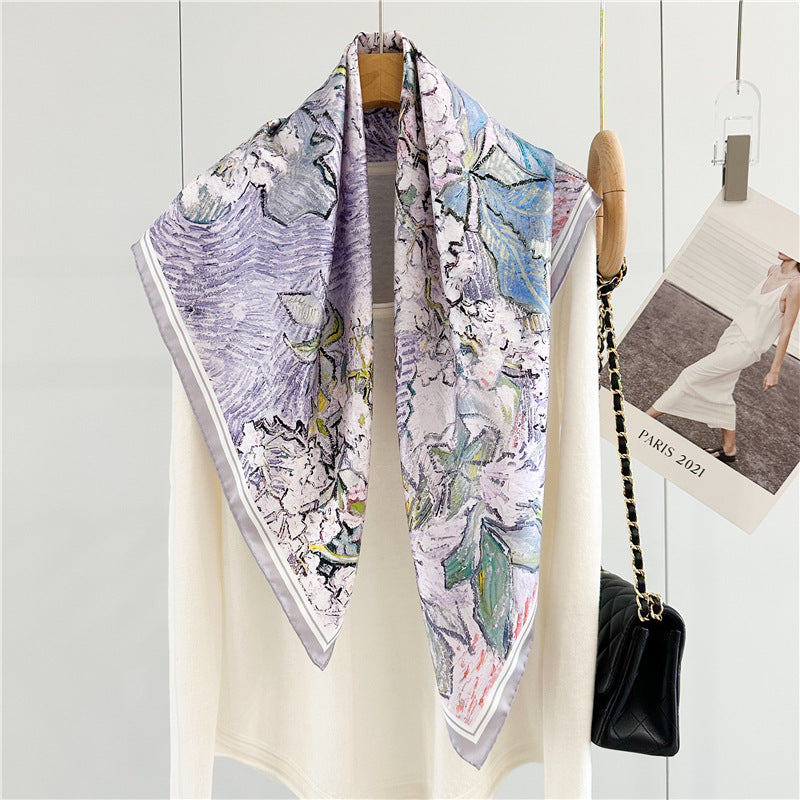 65cm Mulberry Silk Twill Scarf – Hand-Painted Style Print in Purple, Square Silk Shawl for Spring &amp; Summer