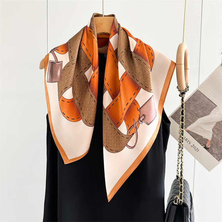 65cm Belt Pattern Mulberry Silk Scarf – Square Silk Shawl for Women, Elegant &amp; Versatile Accessory