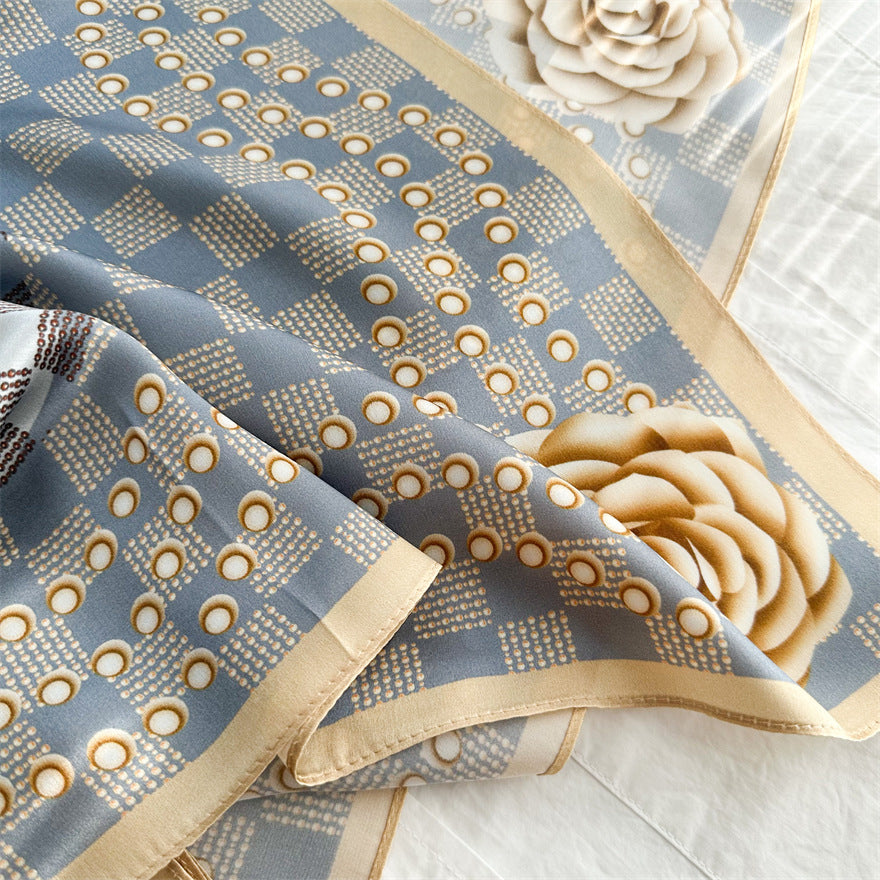 65cm Mulberry Silk Scarf – Digital 5 Grid Pattern Square Silk Shawl for Women, Elegant &amp; Versatile Accessory