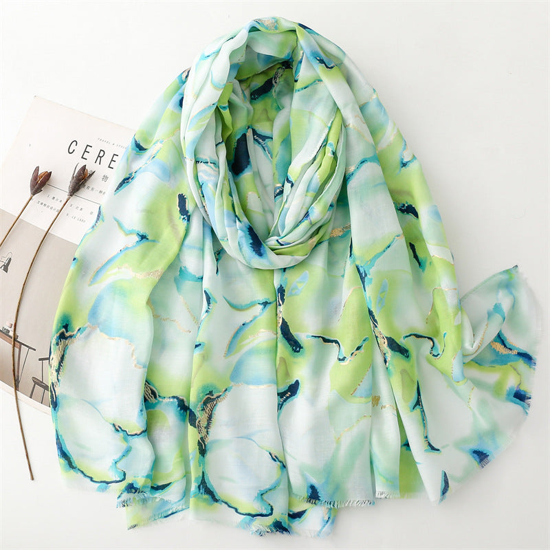 Autumn and winter cotton and linen feel scarf bronzing water flower ink painting rough edge  scarf warm shawl