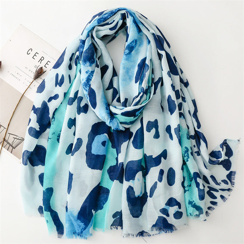 Spring and summer four seasons thin cotton and linen feel scarf European and American cloud leopard print rough edge  scarf warm shawl women