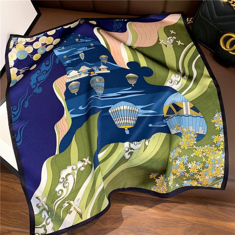 カラーブロック熱気球パターン 100% マルベリー シルクスカーフ/シルクヘッドスカーフ/シルクヘアスカーフ/シルクネックスカーフ/母の日ギフト/バッグアクセサリー/彼女へのギフト