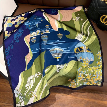 カラーブロック熱気球パターン 100% マルベリー シルクスカーフ/シルクヘッドスカーフ/シルクヘアスカーフ/シルクネックスカーフ/母の日ギフト/バッグアクセサリー/彼女へのギフト